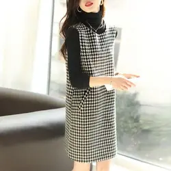 Autumn and Winter New Korean Version Slim and Casual Temperament Medium Thousand Bird Grid Small Fragrance Sleeveless Vest Skirt