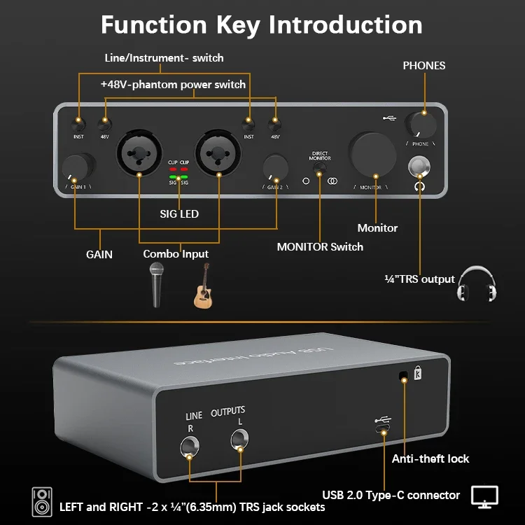 High quality xlr  professional sound recorder studio full set condenser mic mixer oem odm usb audio interface