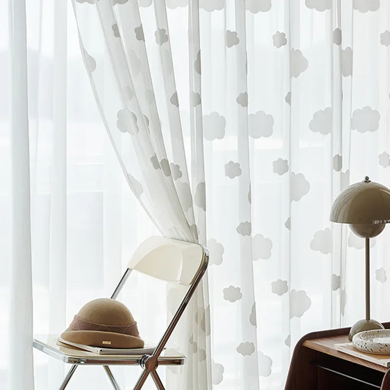 

White Cloud Pattern Sheer Curtains for Kids Room Cute Nursery Decor Eco-Friendly Soft Tulle Window Drapes Voile Panels with Star
