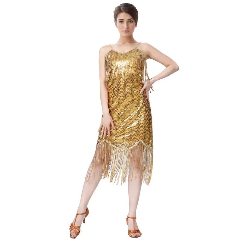 Primavera e verão feminino malha lantejoulas borlas sexy festa halter competição latina desempenho roupas vestidos de dança de salão