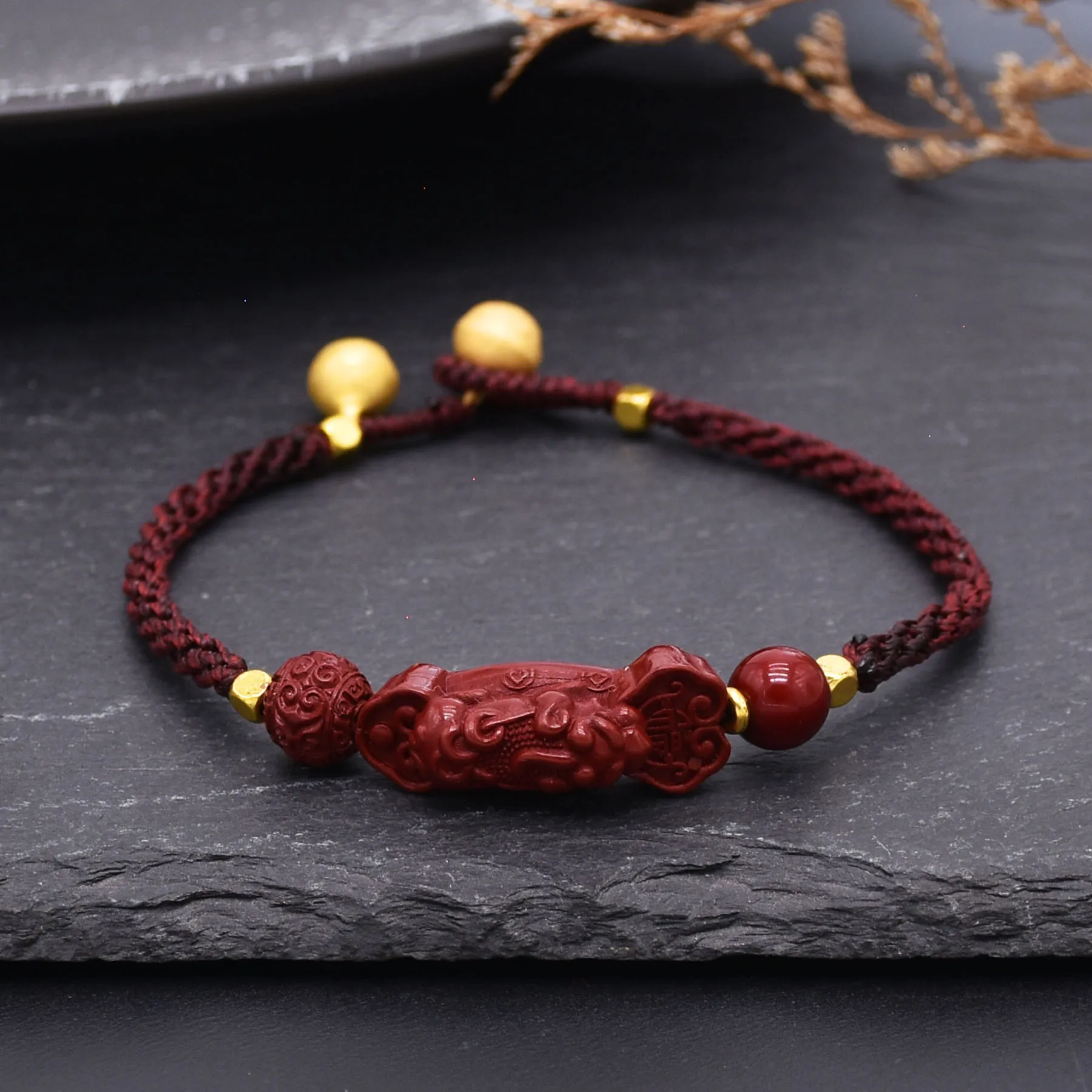 Chinese Red Cinnabar Pixiu Bracelet Vintage Beads Weave Rope Bangle Gifts Women Men Amulet Natural Jewelry Wealth Fortune Gift