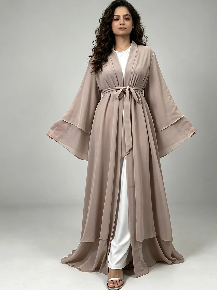 Fashion Chiffon Abaya for Women Double Layer Chiffon Long Muslim Cardigan Flare Sleeve With Side Sash Dubai Modest Kaftan