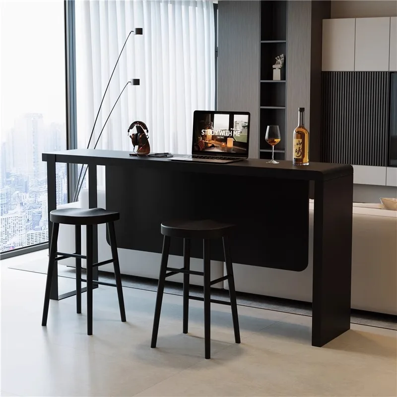 Black computer behind the sofa in the horizontal hall, all solid wood bar in the living room, double reading desk with baffle