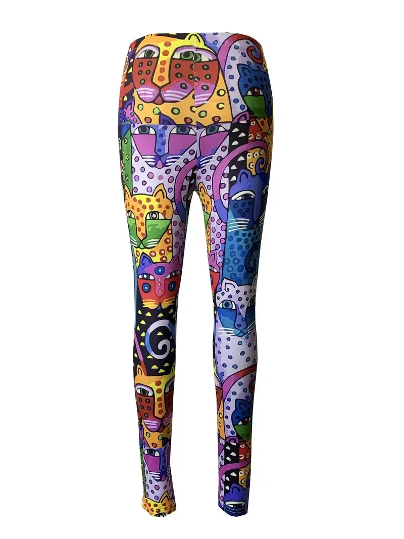 Art Kitten Print slim-fit elastic waist leggings for women traveling everyday wear