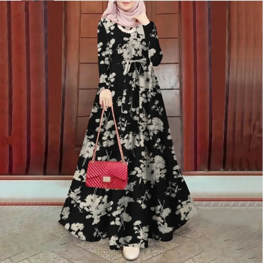 Ramadan Morocco Dubai Abayas for Women Print Dress Jalabiya Sashes Lace Up Eid Muslim Islam Vestidos Kaftan Saudi Arab Long Robe