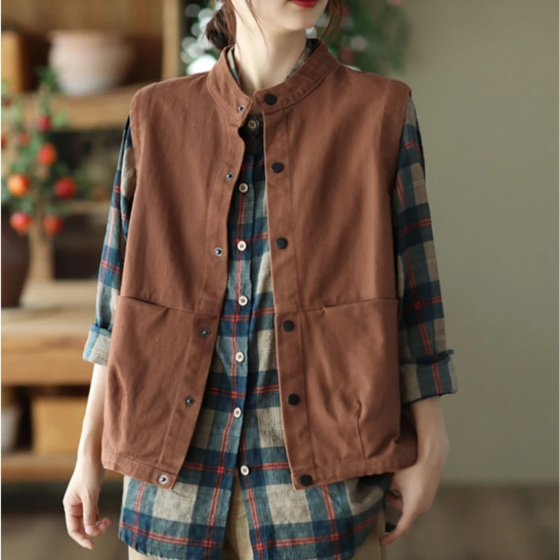 

New Workwear Vest Coat Ladies Retro Sleeveless Tank Top Twill Cotton Vest Cardigan Stand Collar Single Breasted Casual Waistcoat