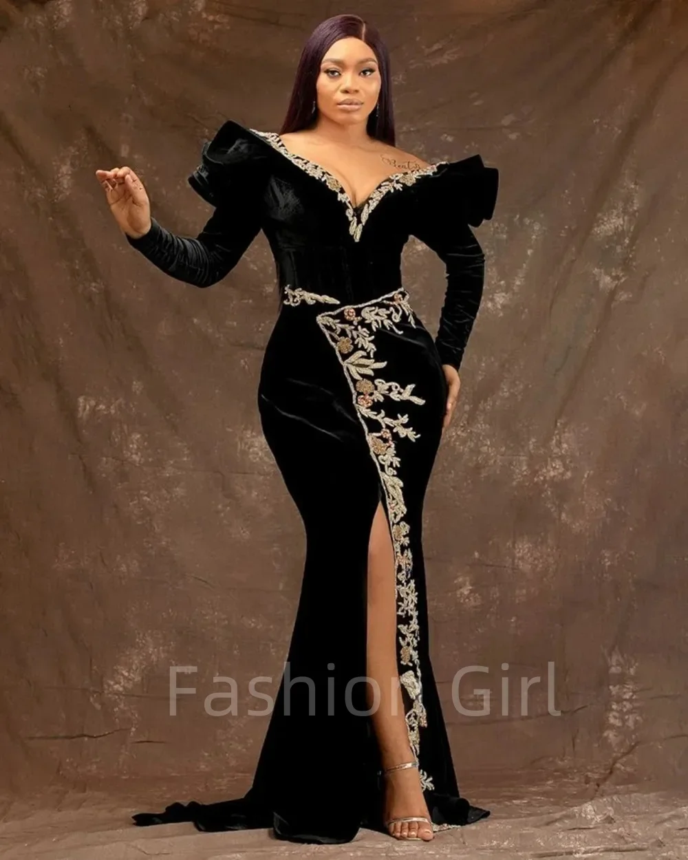 

Sexy Black Velvet Mermaid Split Gold Applique V-neck Long Sleeve Party Dance Formal Occasion Custom Luxury Evening Dress 2025