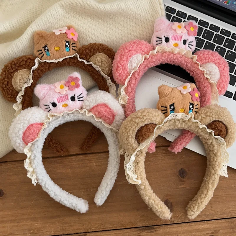 Miniso Hello Kitty Cartoon Bear Ears Wash Face Headband Cute Lamb Hair Accessory Kawaii Hair Card A Birthday Gifts for Girls