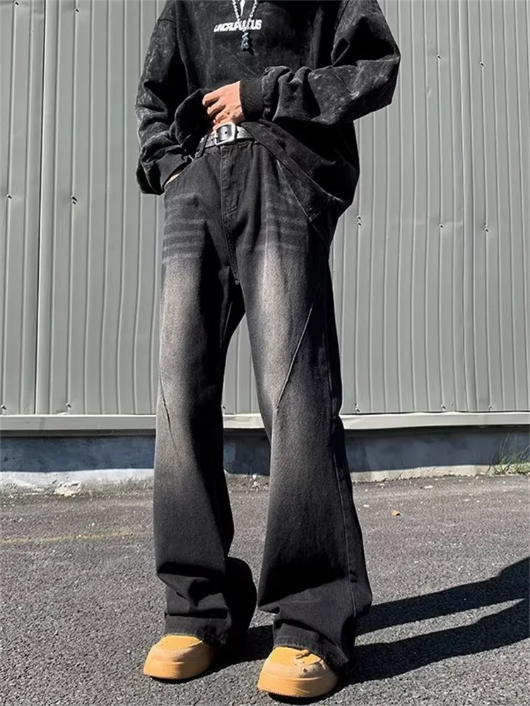 

Retro Wide Leg Men's Jeans Spring Summer Street Style Gradual Wash Casual Pants Loose Straight Cut Regular Thickness Trendy