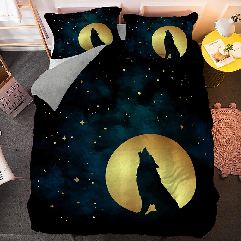 3-piece set, wolf and moon pattern printed bedding set, queen, king, double bed, for bedroom, guestroom, hotel, home decoration