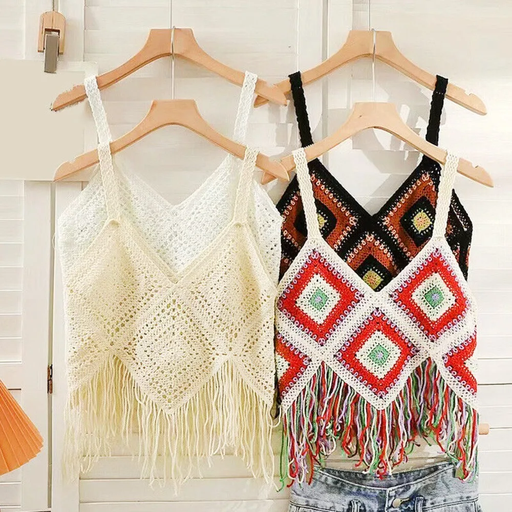 New Knitted Crochet Camisole Cotton Boho Crochet Embroidered Suspender Tassel Tank Beach