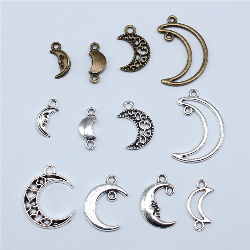 20pcs Moon Charms For Jewelry Making Tibetan Bronze Silver Color Pendants Antique Jewelry Making DIY Handmade Craft