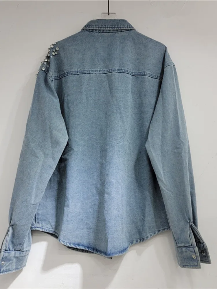 [EWQ] High Street Diamond Irregular Wash Denim Jacket Fashion All Match Loose Long Sleeve Coat Women 2024 Spring Autumn 16U7982