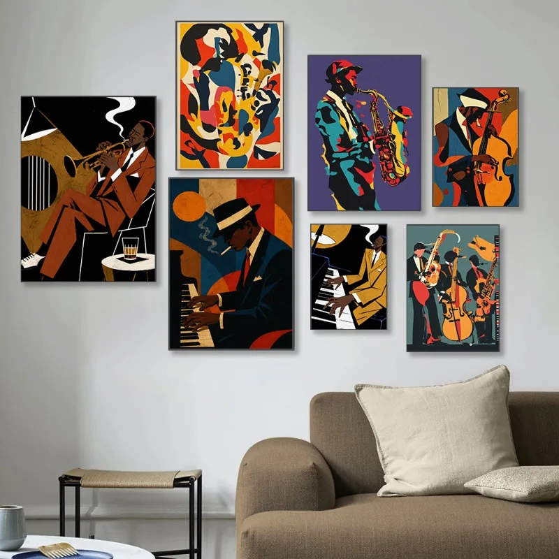 Jazz Band Ilustration Canvas Midcentury Saxophone Trumpet Piano Double Bass Matte Vertical Wall Art Home Bar Decor Unframed Gift