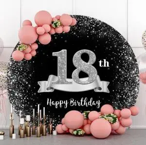 Happy 18th Birthday Round Backdrop Cover Gold Pink Black Balloon Girl Boy 18 Years Old Party Photography Background Photo Studio