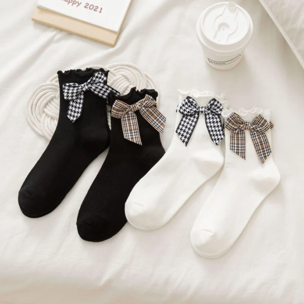 

4 Pair Brand Designer Socks Women Fashion Bow Decoration Long Autumn Winter street Style Cute Socks Female Casual Sokken Femme