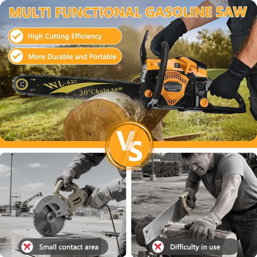 Gas Chainsaw 20 Inches 63CC Cordless Chain Saw with Gas Power for Efficient Wood Cutting and Tree Trimming in Outdoor Landscapi