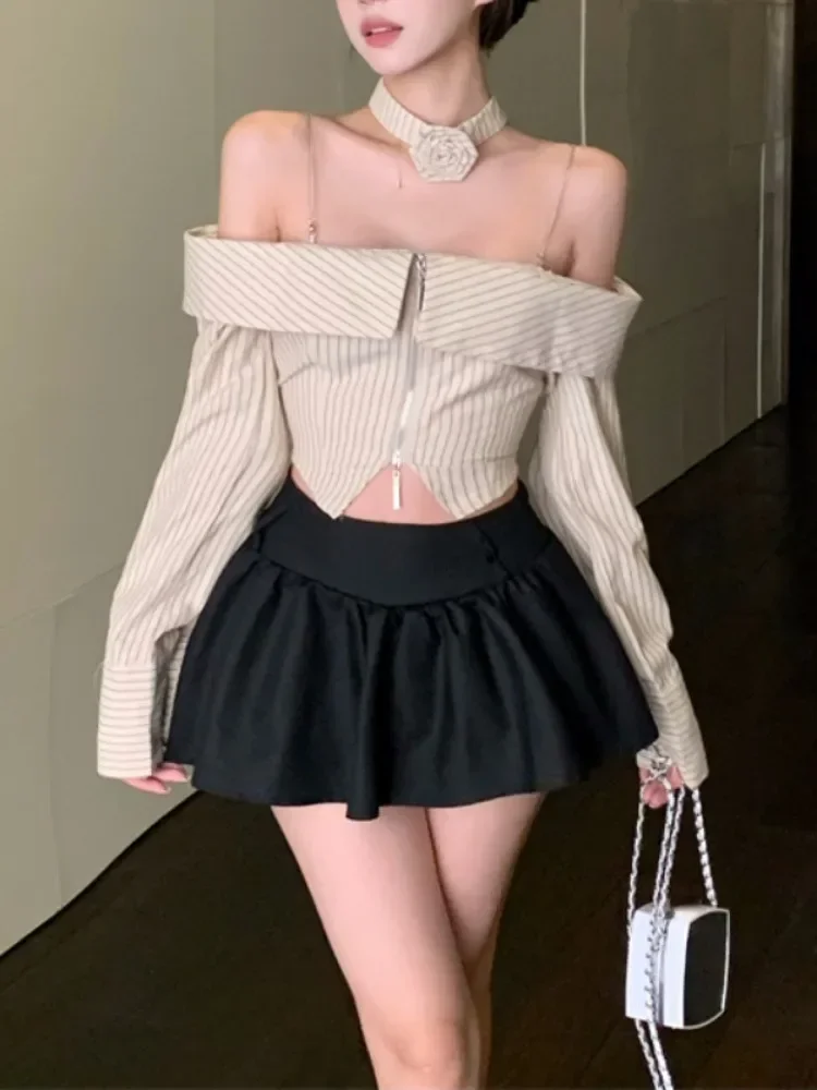 Y2k Aesthetic Slash Neck Women Stripe Blouse All Match Vintage Long Sleeve Crop Tops Fairy Fashion Double Zippers Casual Blusas