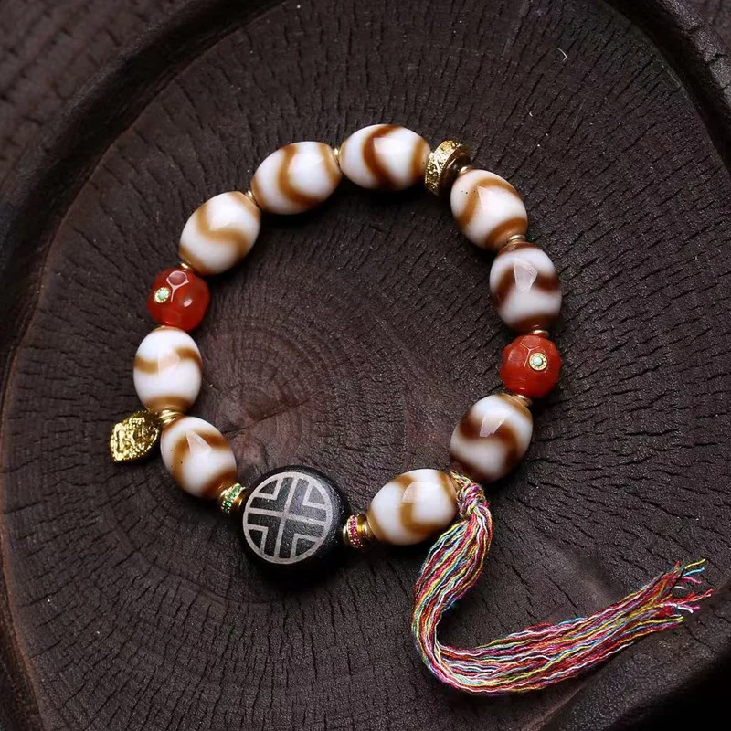 Tiger Tooth Dzi Bracelet Single Circle Agate Phaseless Bead Wealthy Armor Sanqi Silver Return Bone Adai Accessories