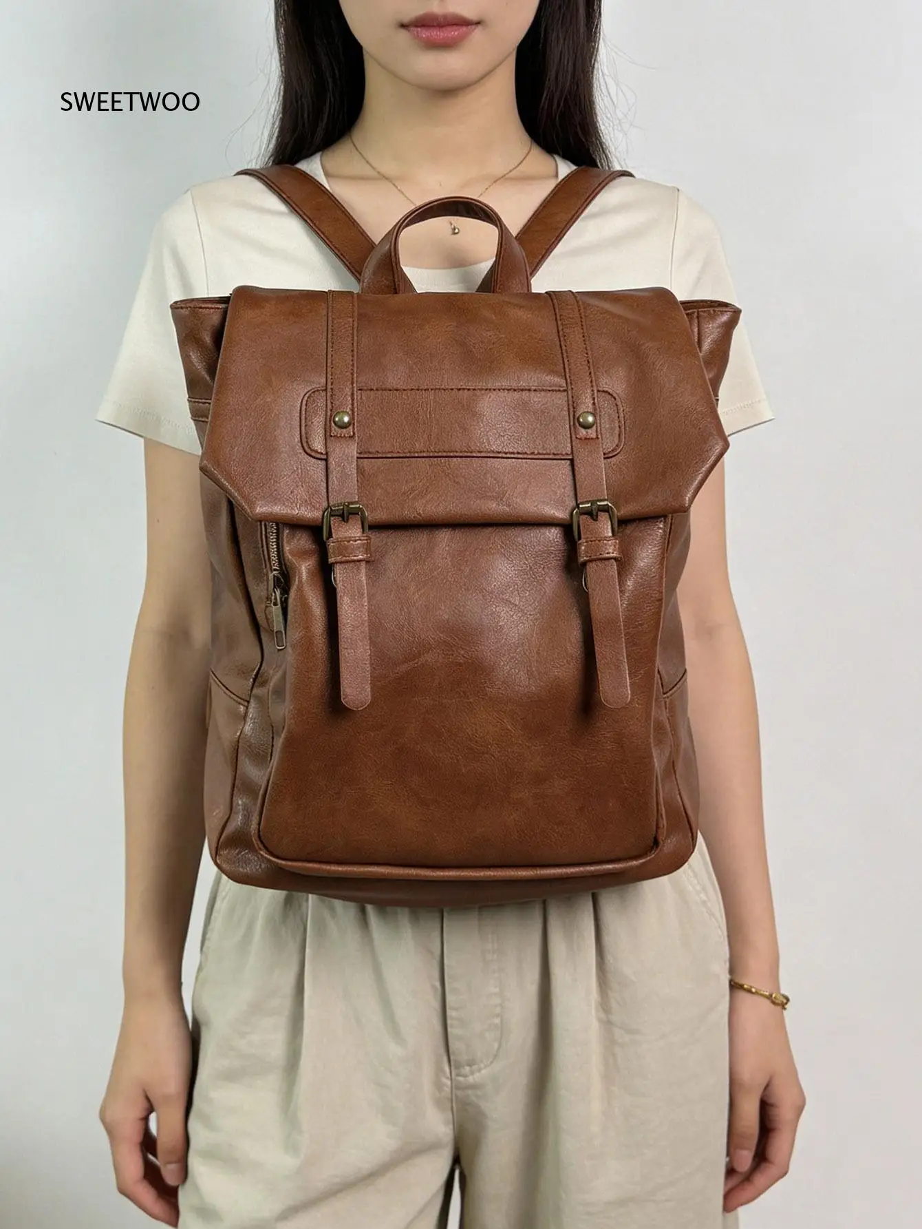 Women Vintage Brown Faux Leather Backpack Buckle Flap Design Large Capacity Retro Casual Travel School Shoulder Daypack