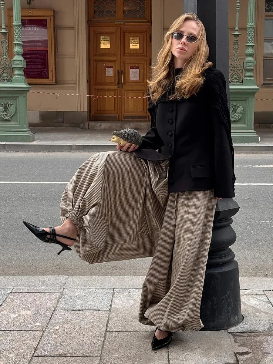 Neue Retro-Braun-Laternenhose für Damen, hohe Taille, trendige, lockere Passform, kariert, Frühling-Sommer-Mode, vielseitige Hose – Detail 4