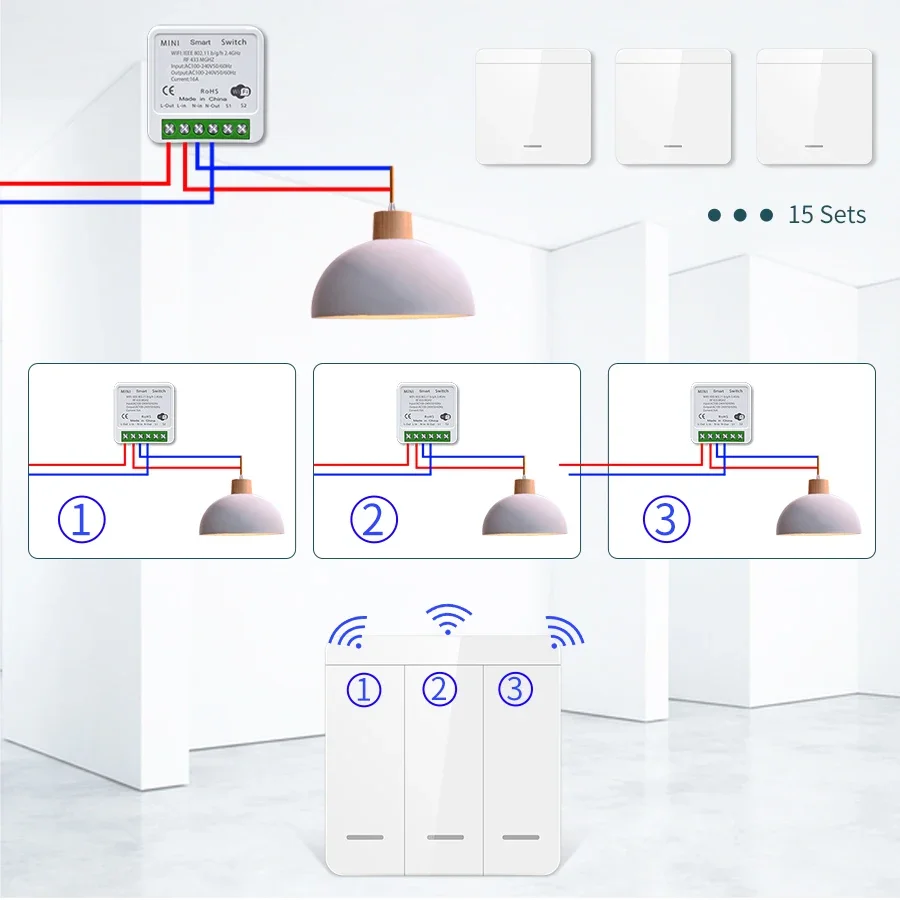 Interruptor inteligente Tuya inalámbrico de 433Mhz, minireceptor de relé de 16A, Panel de pared de 1/2/3 entradas, Control por voz, funciona con Alexa y Google Home