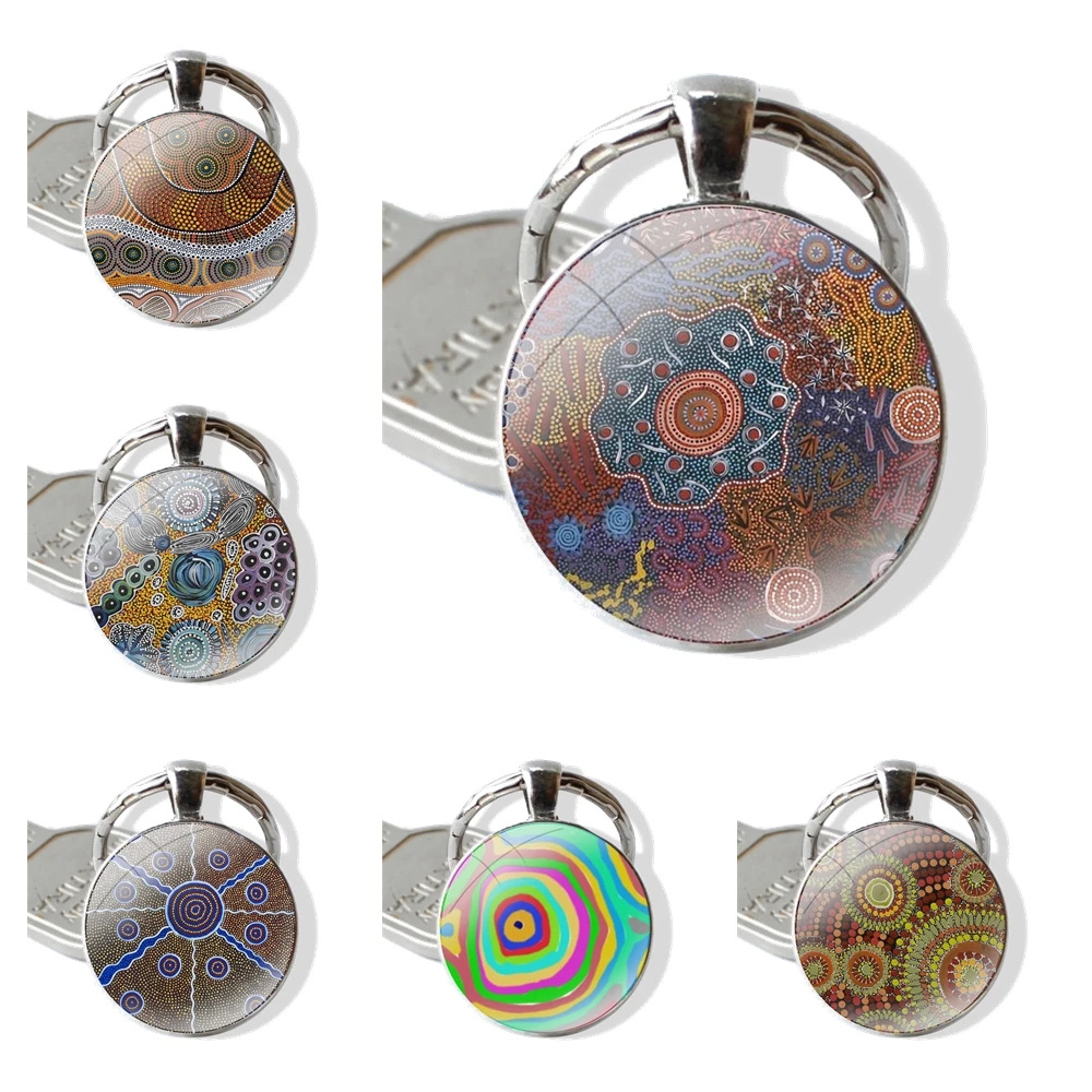 Secret Waterhole Aboriginal Art Keychain Handmade Glass Cabochon Key Ring Holder Pendant Key Chains