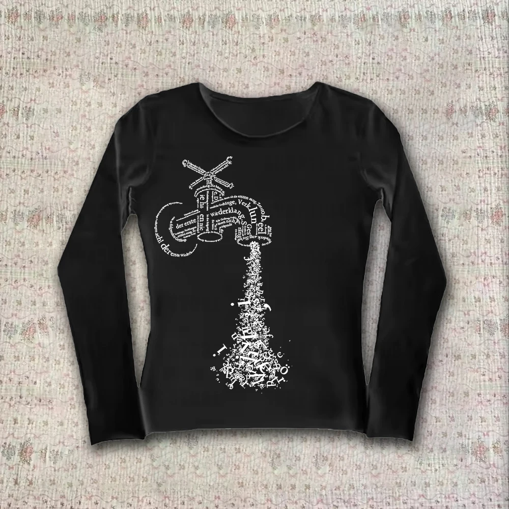 الجمالية فتاة باردة Y2K نمط الشتاء الخريف بلايز الشارع الشهير القوطية Harajuku الجرافيك طويلة الأكمام تي شيرت خمر 90s طويلة الأكمام #2