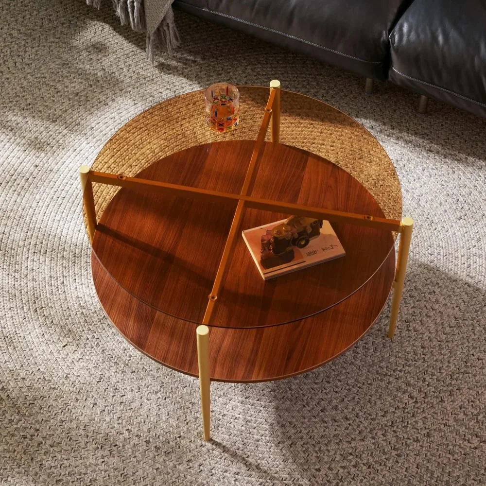 Saint Mossi Glass Round Coffee Table for Living Room, Middle-Century Modern Style, Coffee Brown Glass Top & Walnut Brown MDF Woo