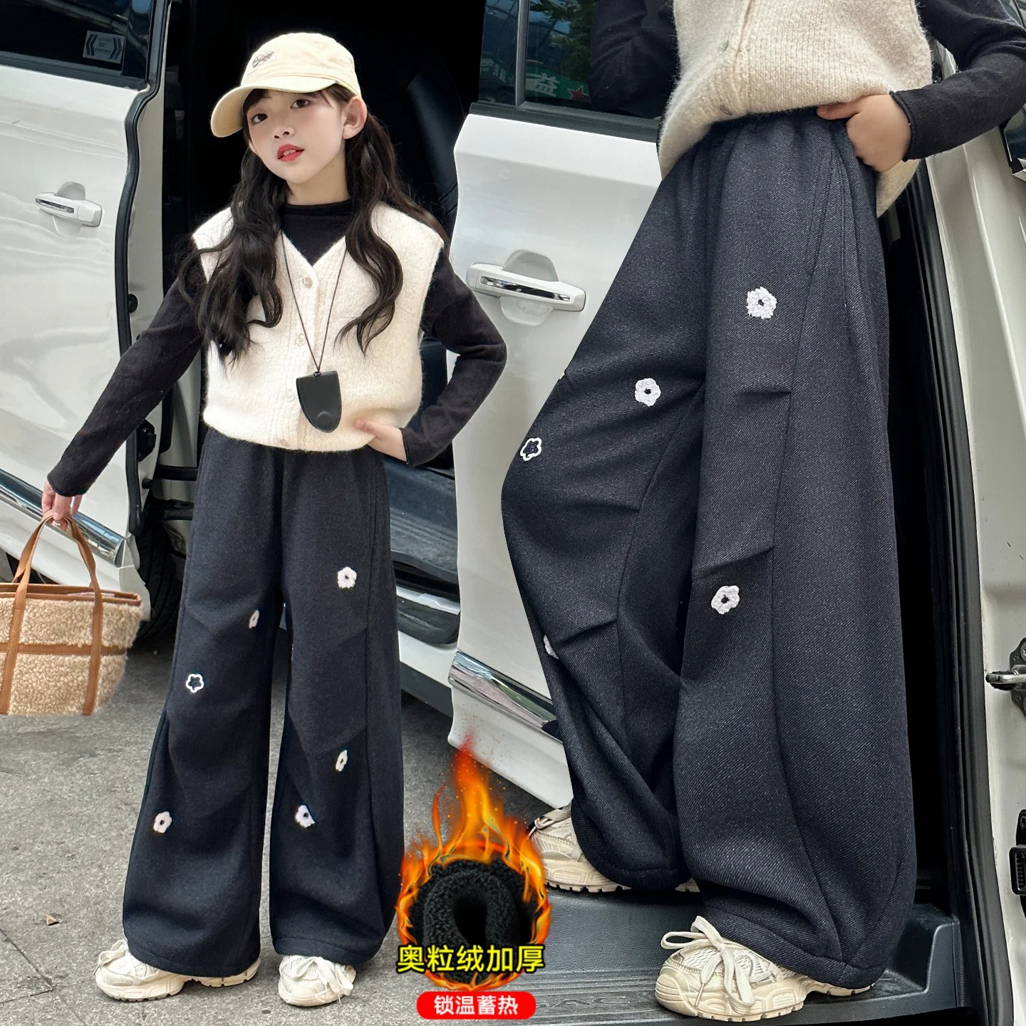 

Child Retro American Floral Embroidered Casual Pants Girl Slimming Streetwear New Arrival Insulated Floor-Length Polyester 4-14