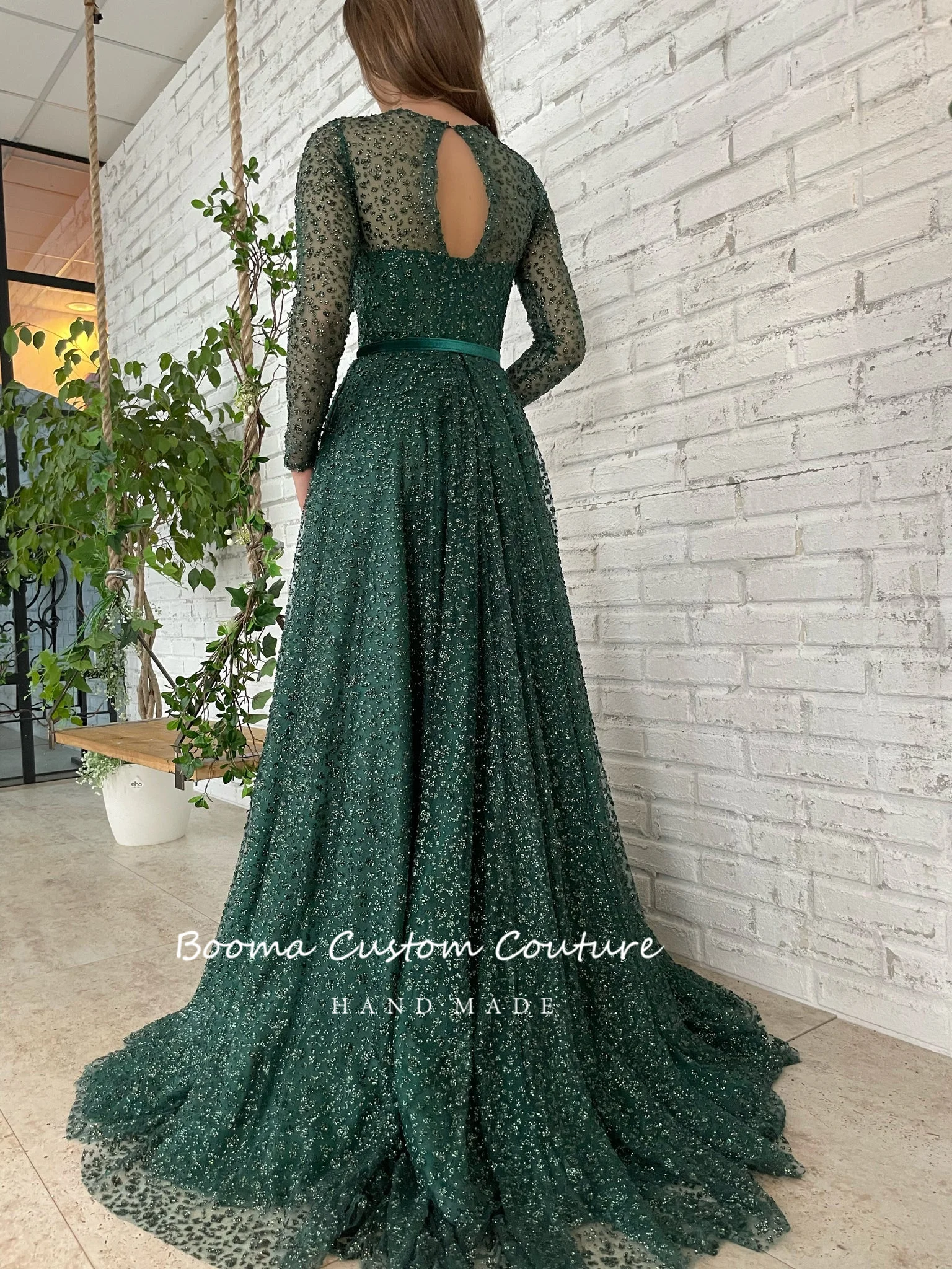 Booma Emerald Green Glitter Lace Prom Dresses Lange Mouwen Sheer Hals A-lijn Formele Avondjurken Open Back Party Jurken