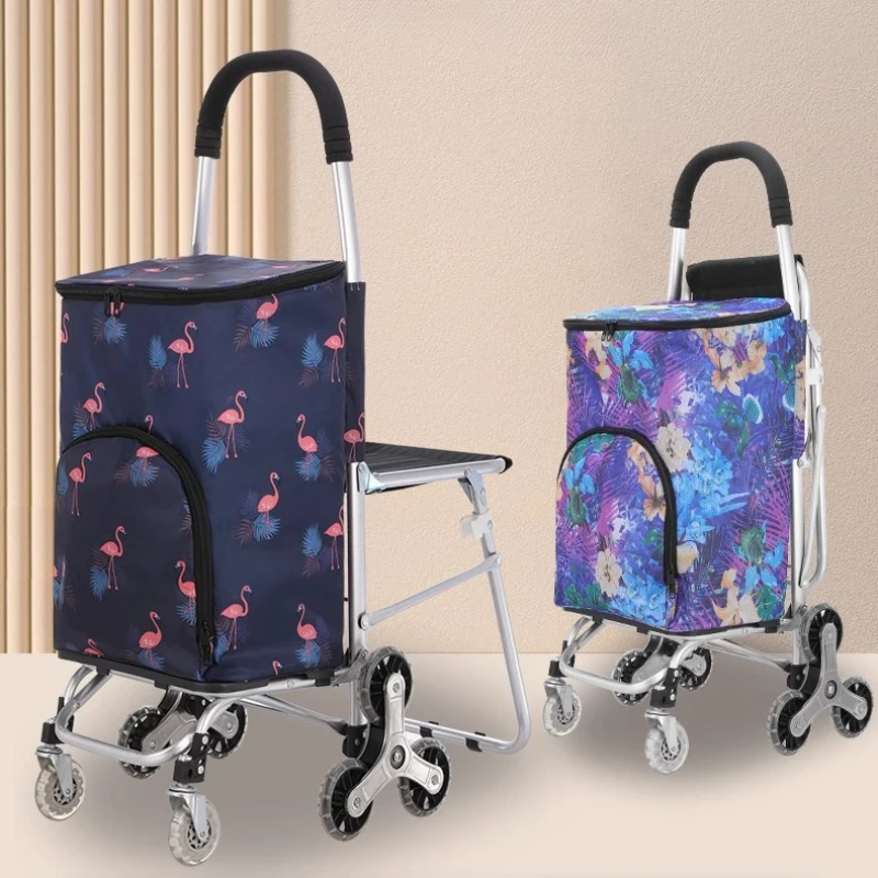 ‌Aluminum Folding Cart with Seat, Non-Slip Grocery Trolley, Thermal Insulated Hauler, Compact Foldable Caddy Wagon