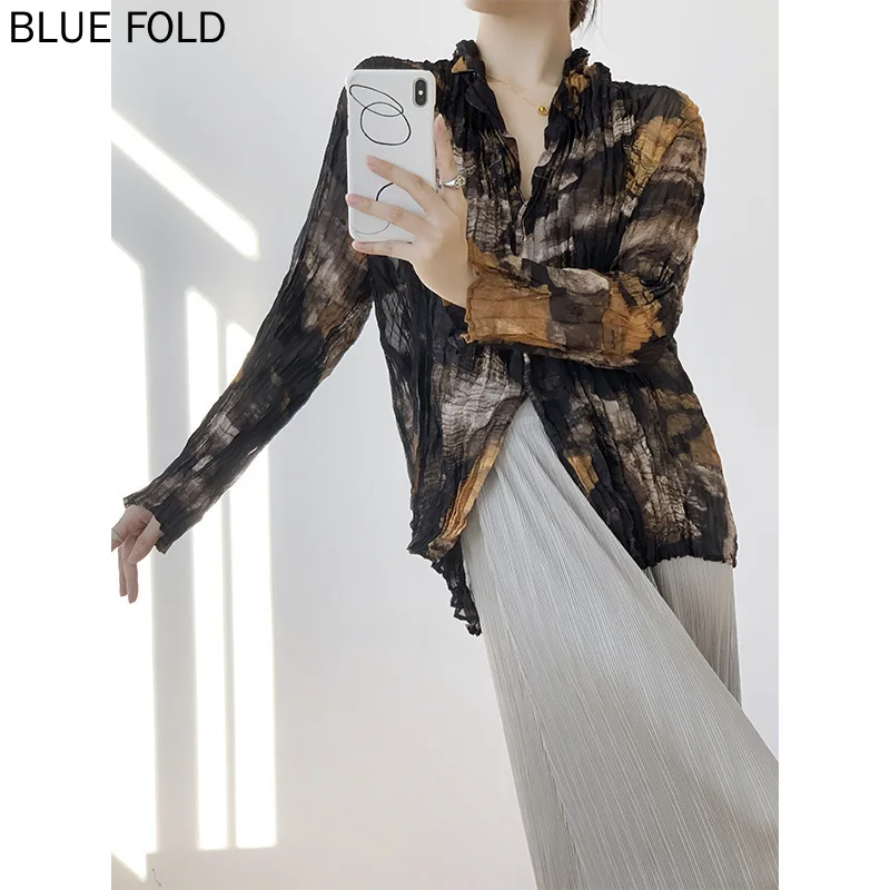 

Miyake плиссированная летняя легкая рубашка женская модная тонкая куртка с длинными рукавами и принтом тай-дай темпераментная солнцезащитная блузка для поездок на работу