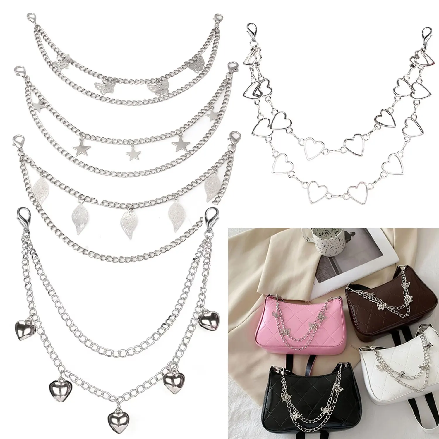 Y2k Metal Pearl Chain Strap For Bags Multi-layer Bag Chain For Handbag DIY Handles Star Pendant Shoulder Bag Chain Accessories