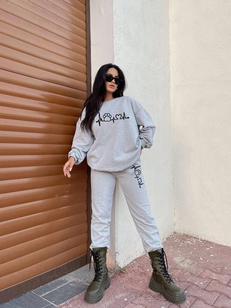 Women's ECG Printing Hoodies Sets 2024 Autumn Fall Fashion Loose Hooded Two Piece Sweatpants Jogger Pants American Sweatsuit