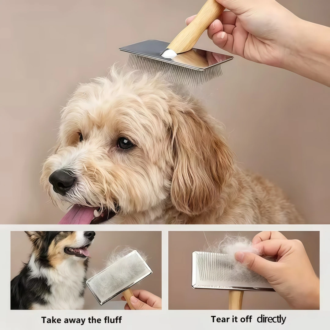 3 Sizes Solid Wood Handle Pet Slicker Brush Stainless Steel Pin Dog Cat Comb Detangle Knot Remove Loose Hair Grooming Massage