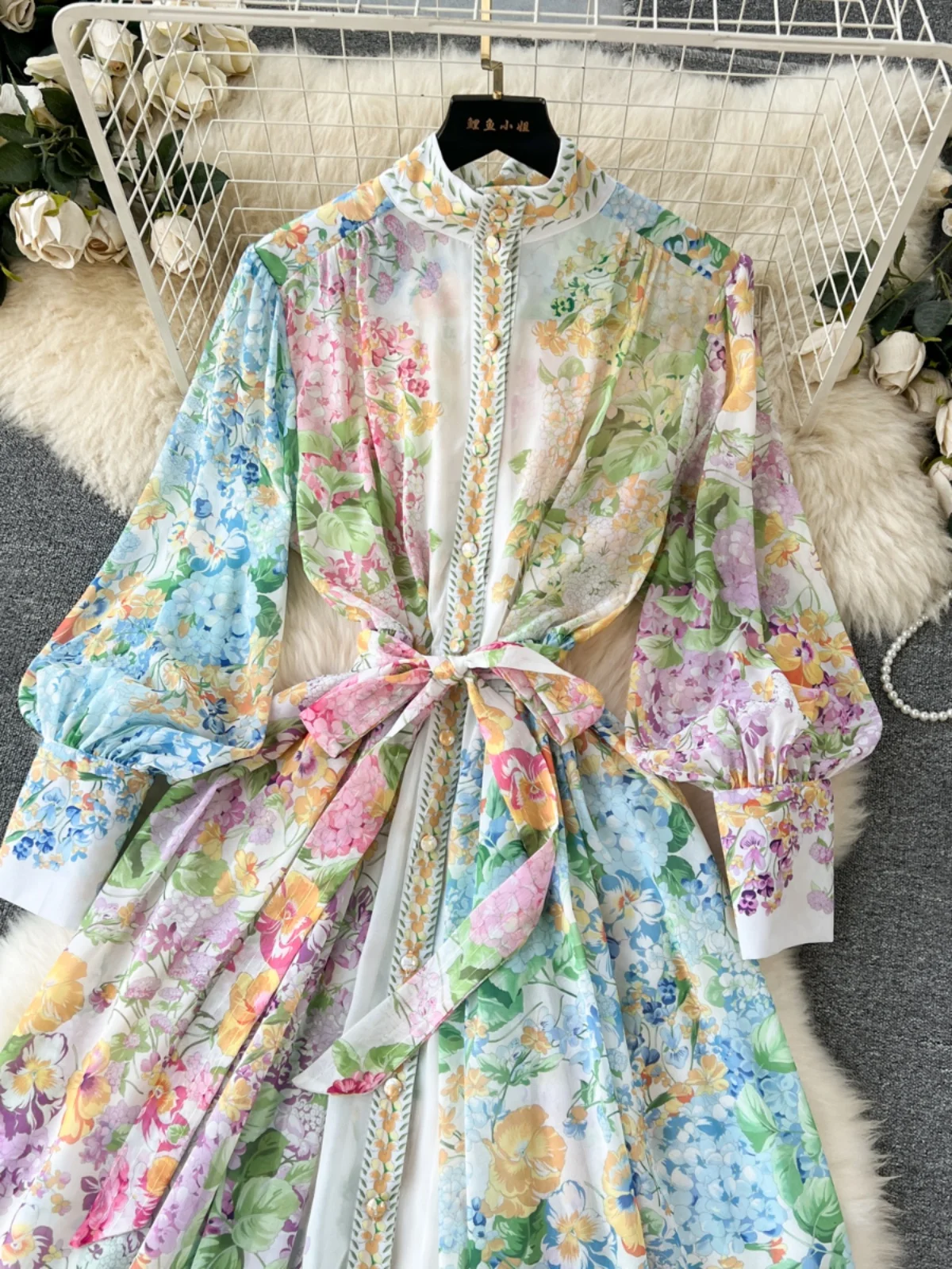 Frühling Herbst Frauen bedrucktes Kleid eleganter Stehkragen Puff ärmel einreihiges langes Kleid französischer Stil weibliche Vestidos