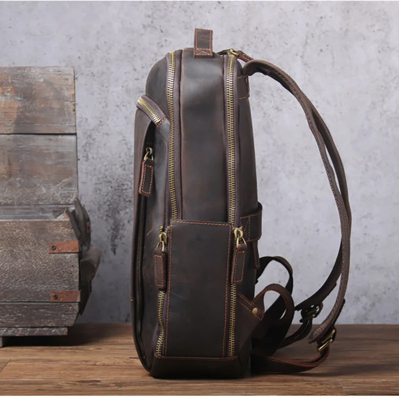 Vintage Crazy Horse Genuine Leather Backpack For Men Hiking Bagpack Male Traving Rucksack 15\