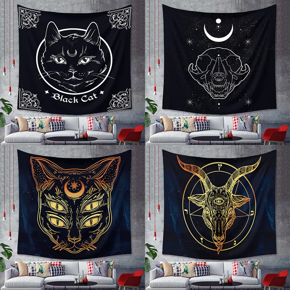 Tapiz de gato negro para decoración del hogar, arte de halloween, tatuaje gótico de Luna, colgante de pared, dormitorio, sala de estar, tela de 230x180cm