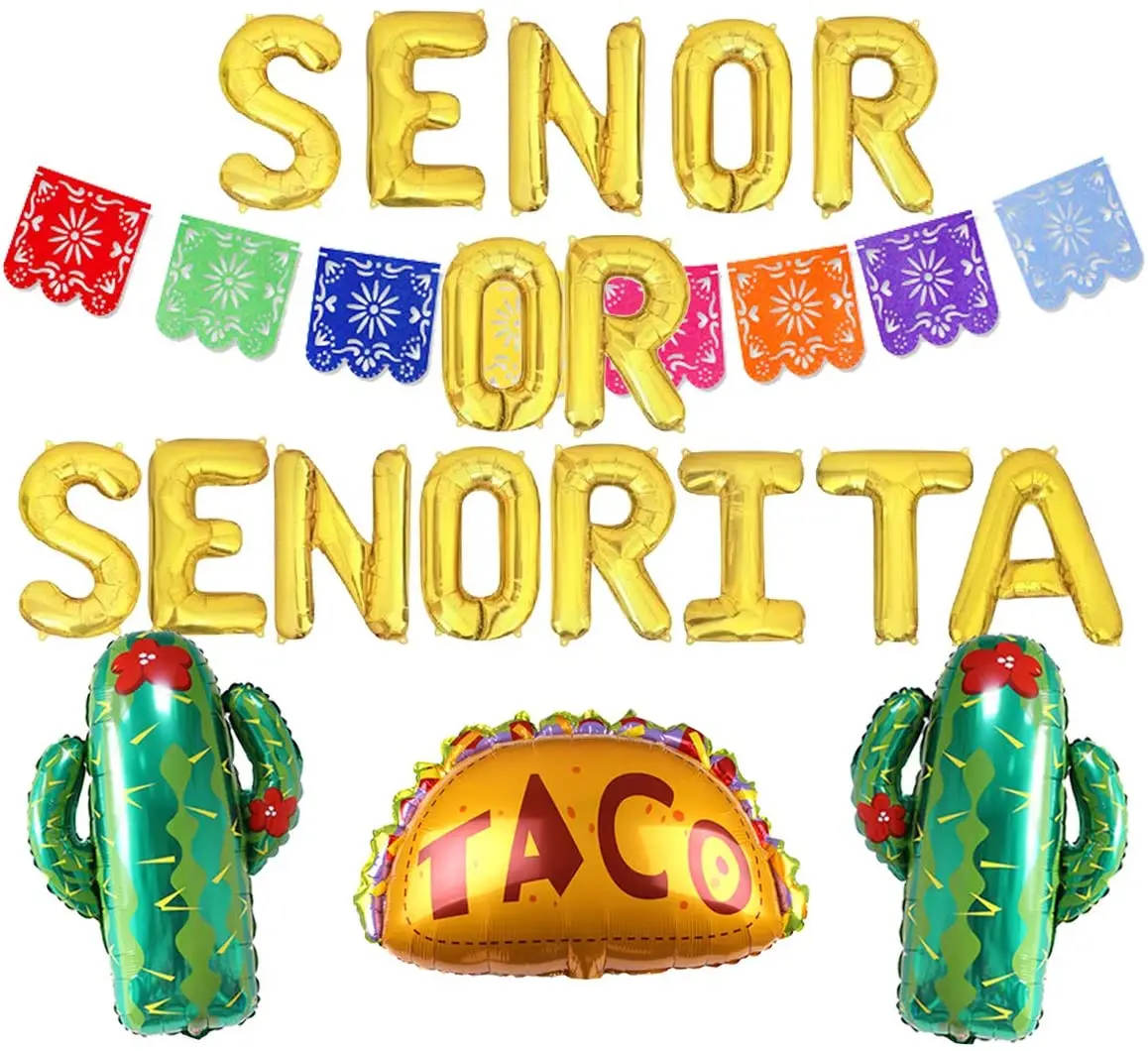 

Fiesta Senor or Senorita Balloons Banner Gender Reveal Party Decorations Mexican Fiesta Picado Banner Taco Cactus Balloons