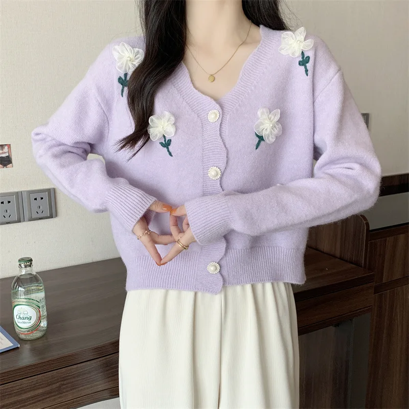 2025 جديد الحلو ثلاثي الأبعاد الزهور مطرز سترة مشغولة من الصوف الإناث لينة شمعي تخفيض العمر الخريف سترة معطف الإناث