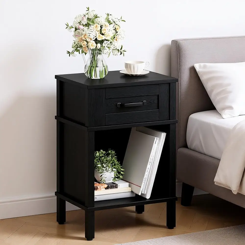 

Nightstand with Drawer, Small Wood Side Table, Wooden Bedroom Nightstand, Wood Night Stand, Black Bed Table with Storage, Black