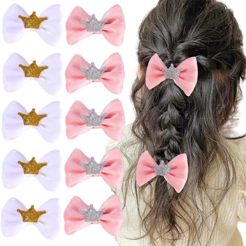 

ncmama 1.5inch 8Pcs Mini Crown Hair Bow with Clip For Baby Girl Pink White Bowknote Hairpin Barrettes Headwear Hair Accessories