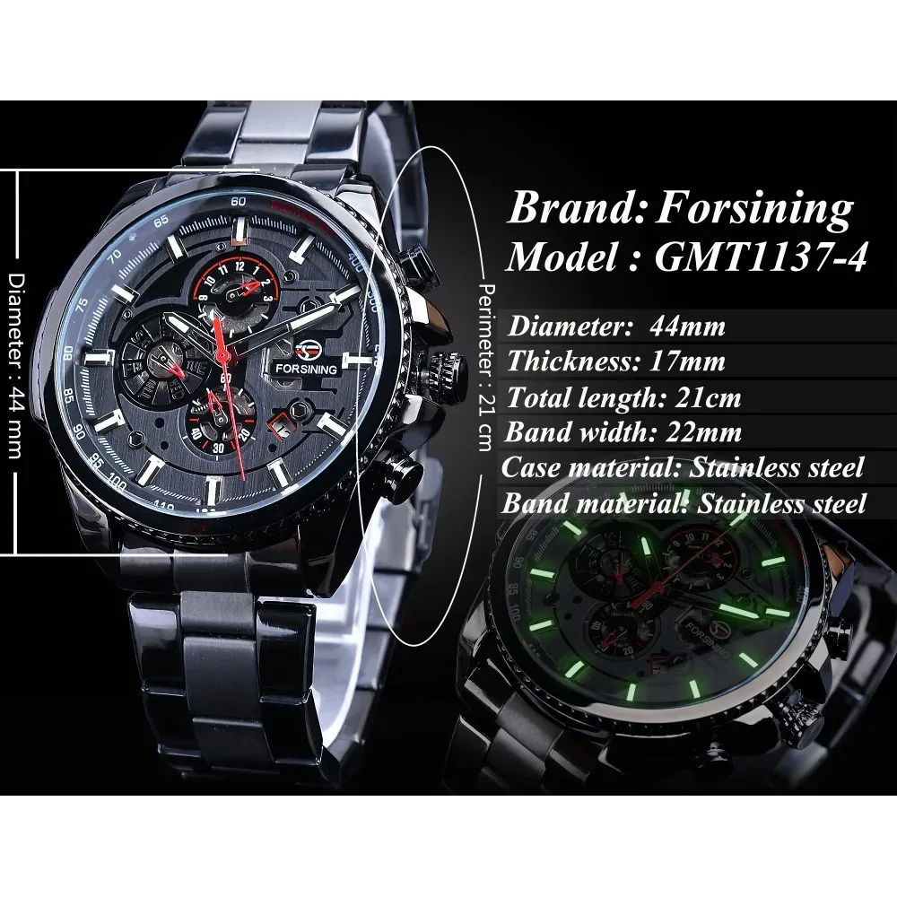 Forsining Top Men\'s Watches Military Stainless Steel Waterproof Date Week Display Brand Automatic Mechanical Watch for Men