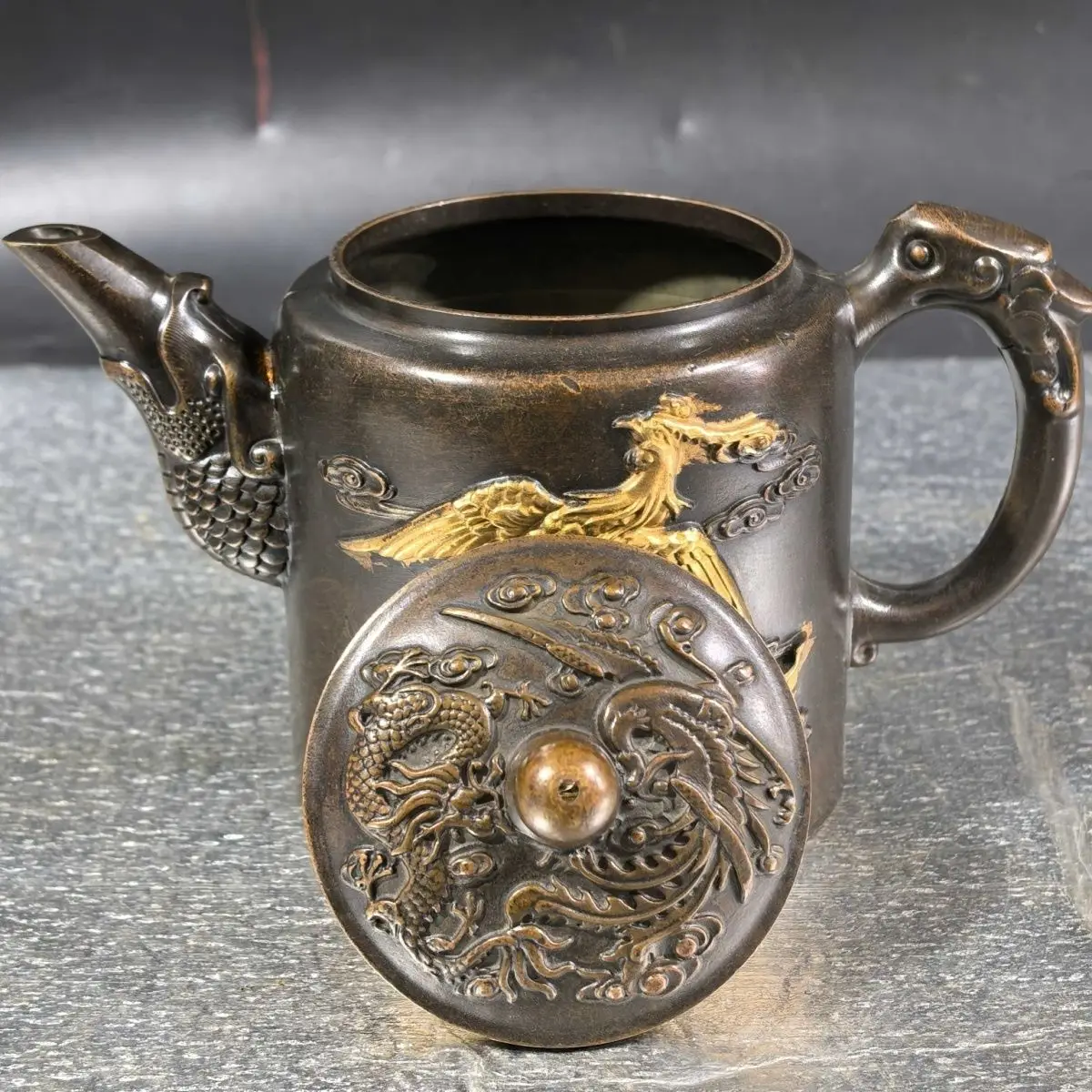 Vintage Gilt Brass Dragon & Phoenix Wine Pot Teapot for Collection