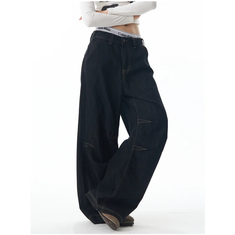 America High Waist Black High Streetwear American Casual Wide Leg Pants Women Jeans Plus Size Basic Baggy Retro Straight Trouser