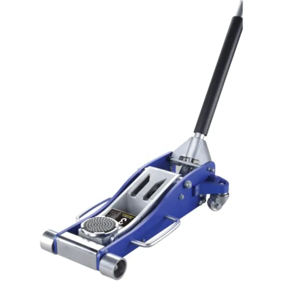 

Automotive service floor jack for garages and repair shops, aluminum construction, blue/silver color, 3-ton capacity with dual