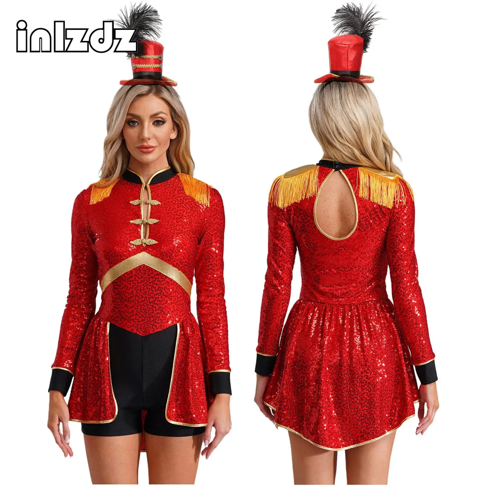 

Womens Circus Ringmaster Costume Long Sleeve Tassel Sequins Bodysuit+Headwear Set Halloween Carnival Magician Cosplay Costumes