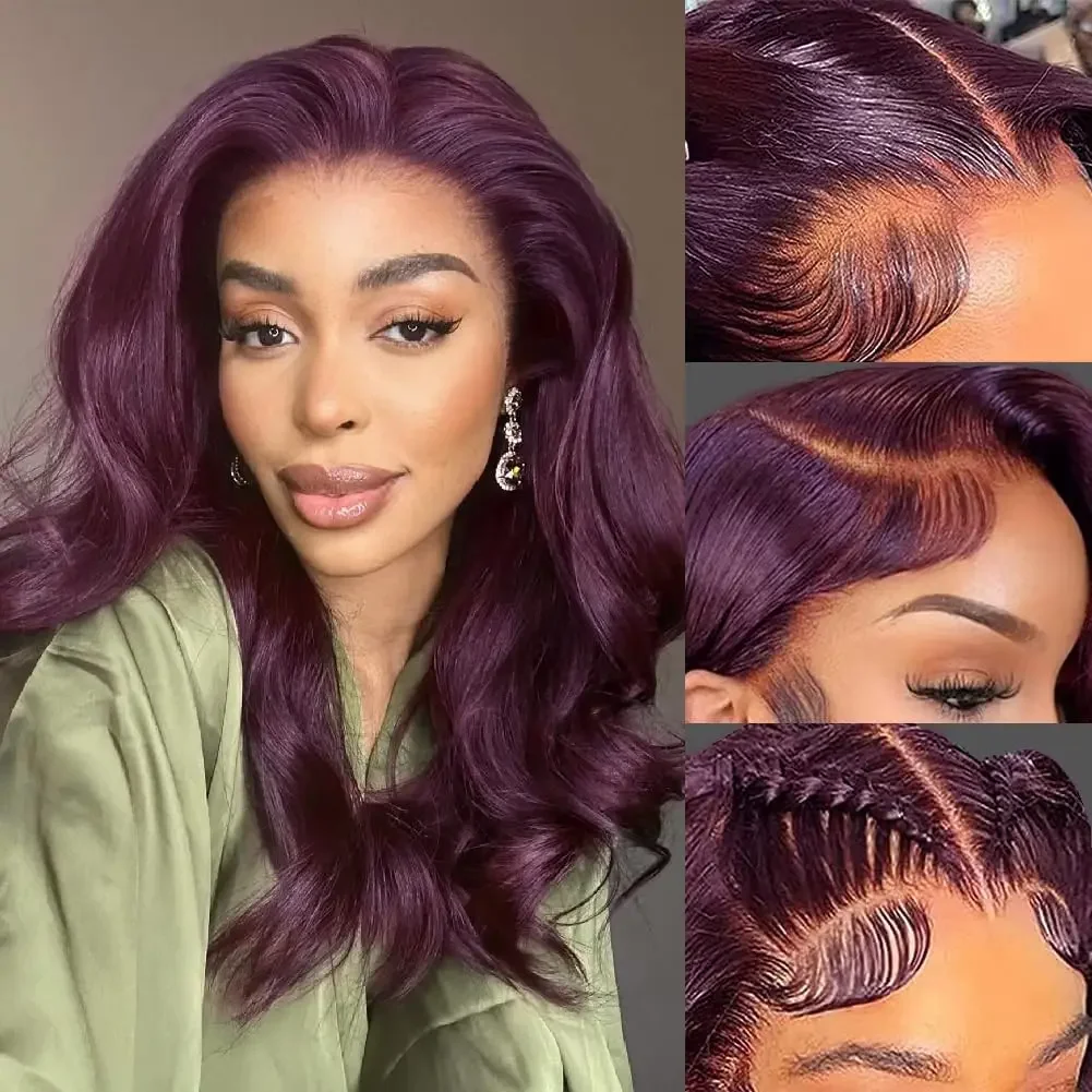 Dark Burgundy Lace Front Wigs Synthetic Body Wave Lace Wigs for Women Deep Purple 13X4 HD Lace Front Wigs T Part Glueless Wig