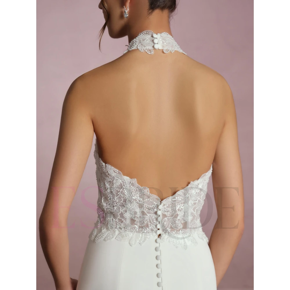 ESBRIDE Elegante abito da sposa civile bianco con collo alto e spacco Abito da sposa senza maniche senza schienale Abiti da sposa di lusso personalizzati